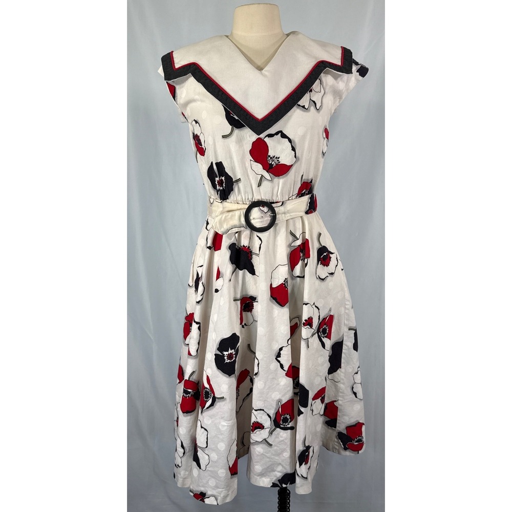Vintage Sabino Floral Poppy Sailor Collar Belted Dress White Red Black 36 bust